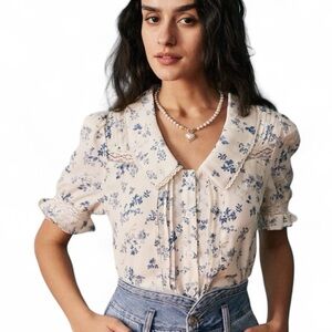 Rihoas Blue & White Floral Blouse | Lace Collar | XS | NWT